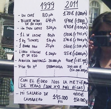 Foto de precios de 1999 en pesetas y 2011 en euros y peseta
