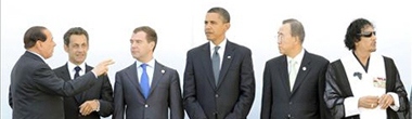 Berlusconi, Sarkozy, Medvedev, Obama, Ban Ki Moon y Gadafi