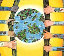 Dibujo de manos abriendo el mundo al desarrollo sostenible